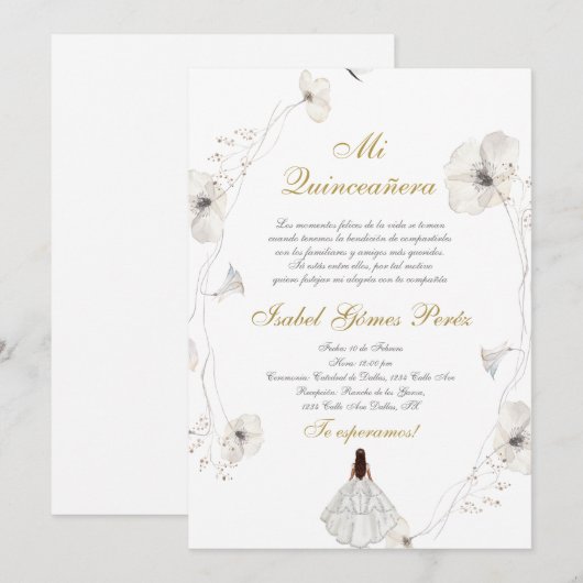 Witte jurk Quinceanera silhouet Spaans Kaart (Voorkant / Achterkant)