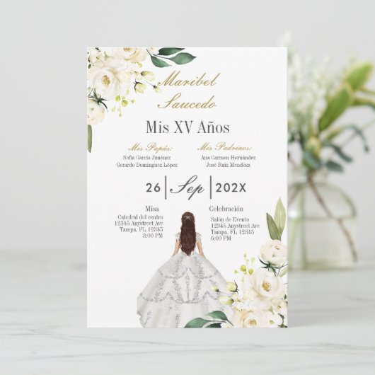 Witte jurk quinceañera uitnodiging (Staand voorkant)