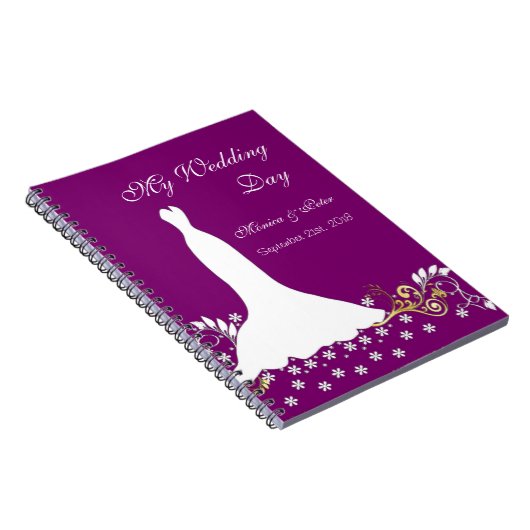 Witte jurk, zwendel op een paarse bruiloft-laptop notitieboek (Rechterzijde)