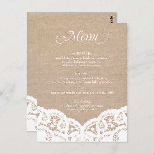 Witte jute kant dagelijks bruiloft menu (Voorkant / Achterkant)