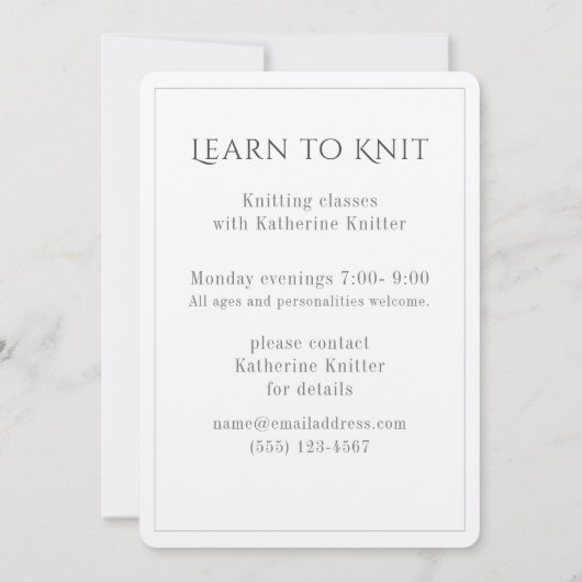 WITTE KABELBREI Knitting Classes Kaart (Achterkant)