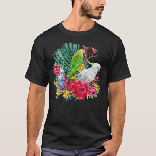 Witte Kaketoe en Grasparkieten Bloemstuk T-shirt (Voorkant)