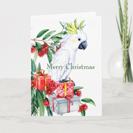 Witte Kaketoe Presenteert Prettig Kerstfeest Feestdagen Kaart (Voorkant)
