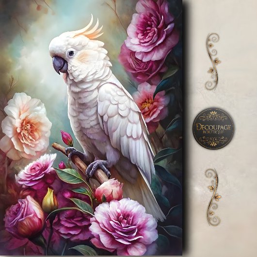 Witte Kaketoe Rozentuin Decoupage Tissuepapier