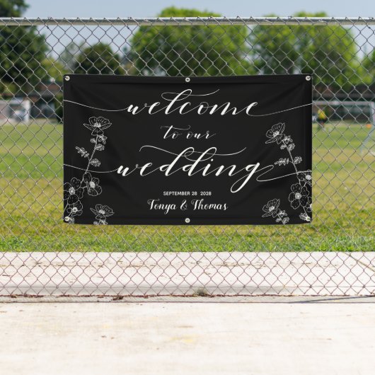 Witte Kalligrafie Bloemen Zwart Welkom Trouwen Spandoek (Insitu)