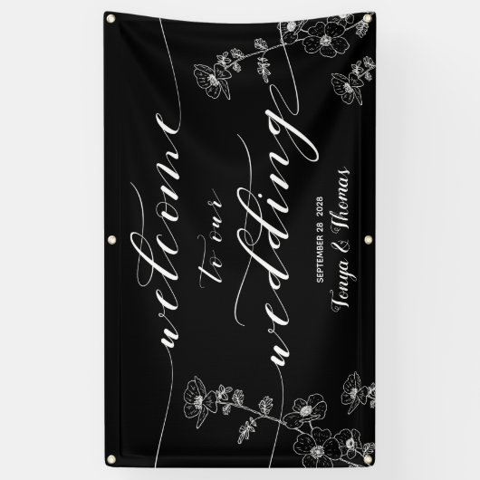 Witte Kalligrafie Bloemen Zwart Welkom Trouwen Spandoek (Verticaal)