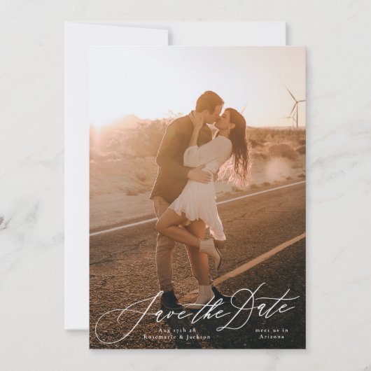 Witte kalligrafie Elegante foto van de bruiloft Save The Date (Voorkant)
