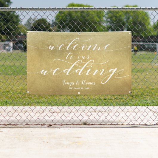 Witte Kalligrafie Goud Satijn Welkom Trouwen Spandoek (Insitu)