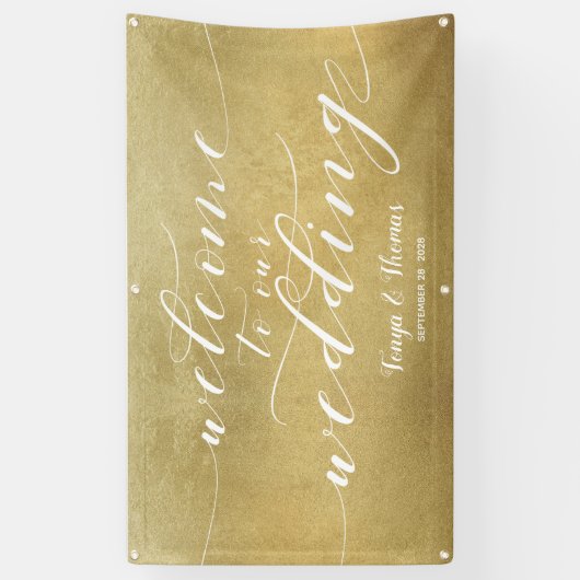 Witte Kalligrafie Goud Satijn Welkom Trouwen Spandoek (Verticaal)