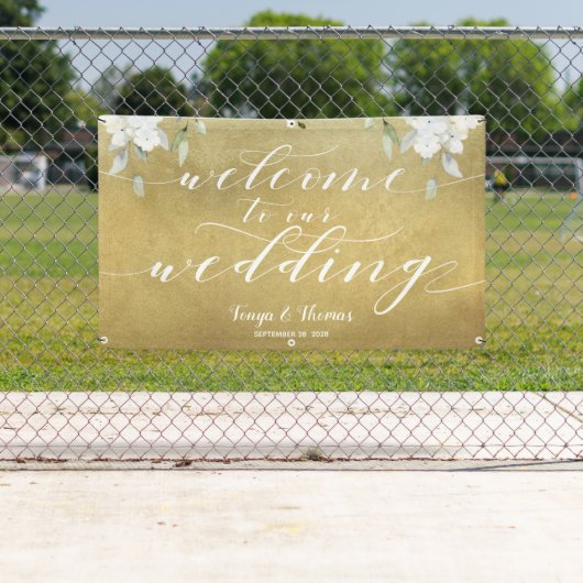 Witte Kalligrafie Gouden Bloemen Welkom Trouwen Spandoek (Insitu)