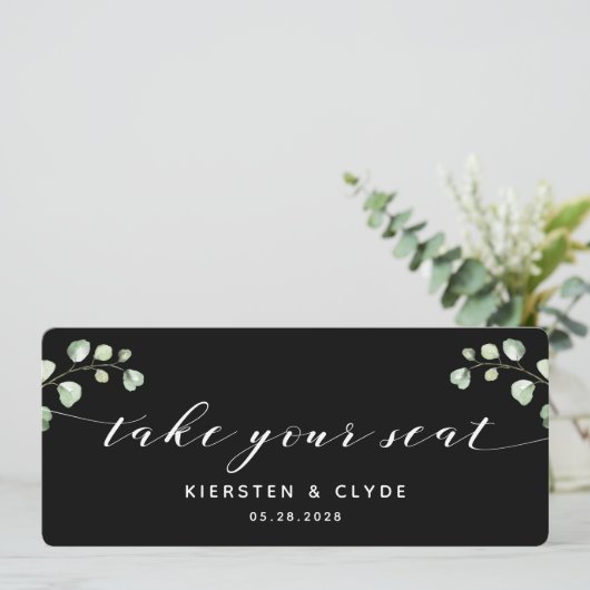 Witte kalligrafie Greenery neemt uw stoel bovenaan Kaart (Staand voorkant)