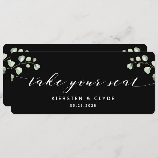 Witte kalligrafie Greenery neemt uw stoel bovenaan Kaart (Voorkant / Achterkant)