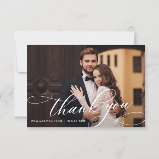 witte kalligrafie met trouwfoto bedankkaart (Voorkant)