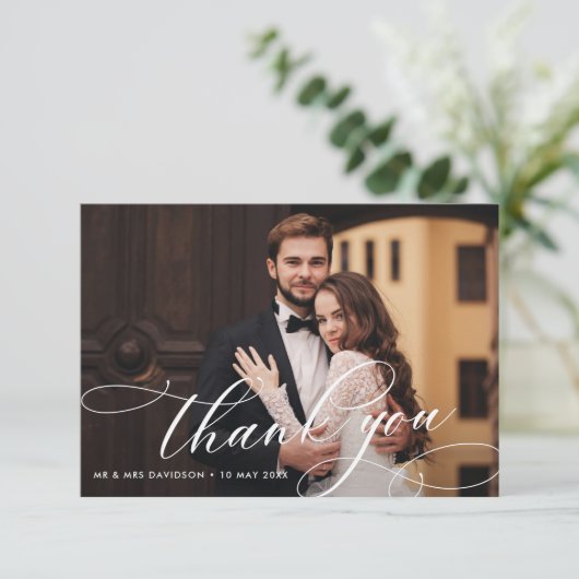 witte kalligrafie met trouwfoto bedankkaart (Staand voorkant)
