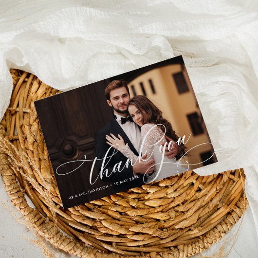 witte kalligrafie met trouwfoto bedankkaart