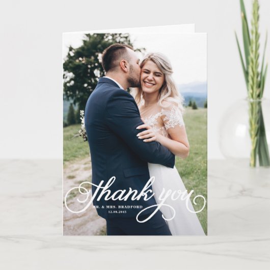 Witte  kalligrafie Moderne foto bruiloft Bedankkaart (Voorkant)