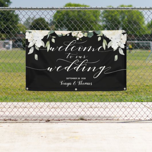 Witte kalligrafie Peony Black Welkom op onze bruil Spandoek (Insitu)