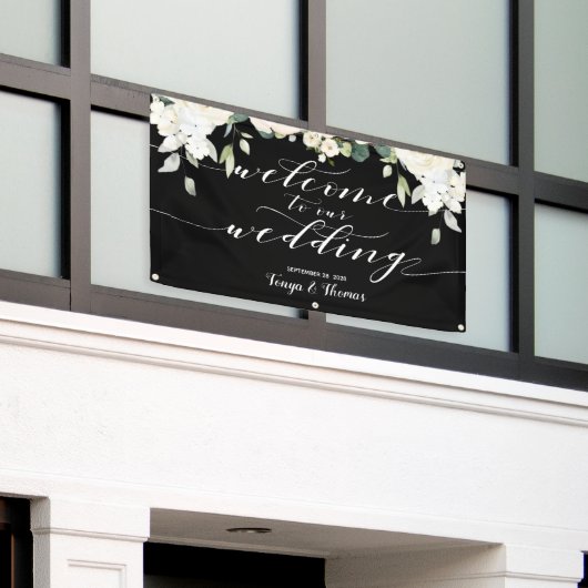 Witte kalligrafie Peony Black Welkom op onze bruil Spandoek (Buitenkant Gebouw)