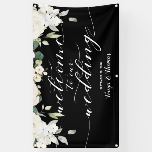Witte kalligrafie Peony Black Welkom op onze bruil Spandoek (Verticaal)