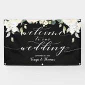 Witte kalligrafie Peony Black Welkom op onze bruil Spandoek (Horizontaal)