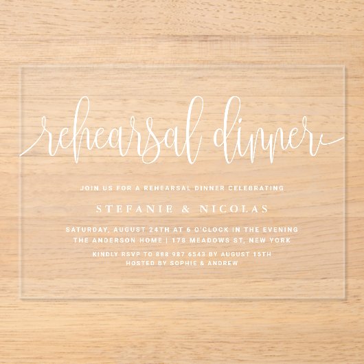 Witte  kalligrafie repetitiediner acryl uitnodigingen (Voorkant)