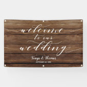 Witte kalligrafie Rustic Barn Wood Welkom bruiloft Spandoek (Horizontaal)