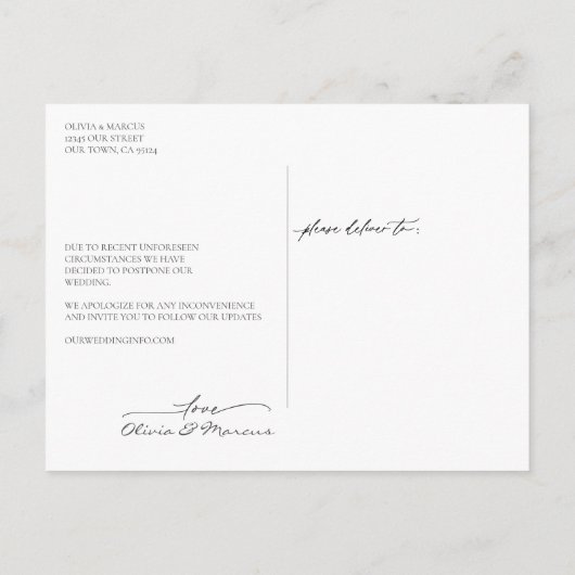 Witte kalligrafie Social Distancing Wedding Delay Briefkaart (Achterkant)