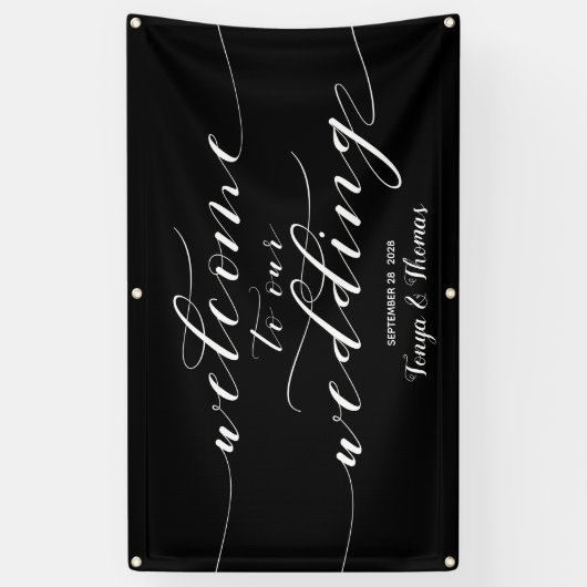 Witte kalligrafie Zwarte Welkom bij ons huwelijk Spandoek (Verticaal)