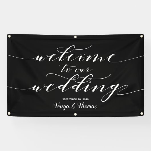 Witte kalligrafie Zwarte Welkom bij ons huwelijk Spandoek (Horizontaal)