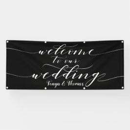 Witte kalligrafie Zwarte Welkom bij ons huwelijk Spandoek