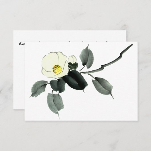 Witte kamellia sumi-inkt en japanese waterverf bedankkaart (Voorkant / Achterkant)
