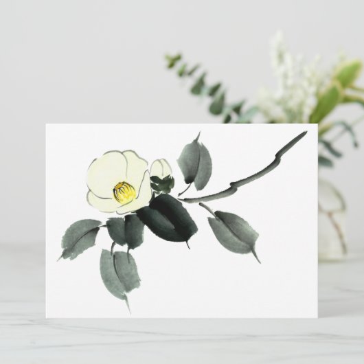 Witte kamellia sumi-inkt en japanese waterverf bedankkaart (Staand voorkant)