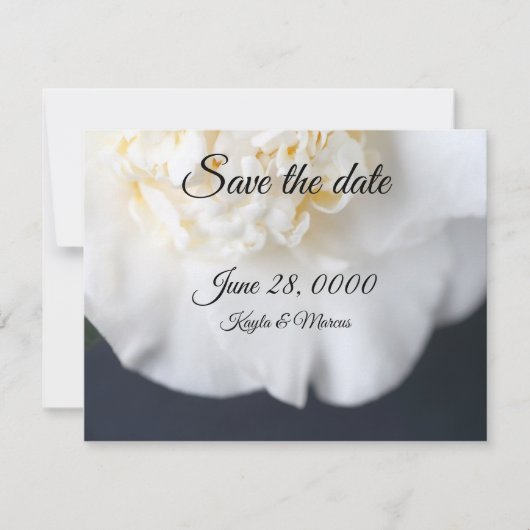 Witte kamellietbloem save the date (Voorkant)