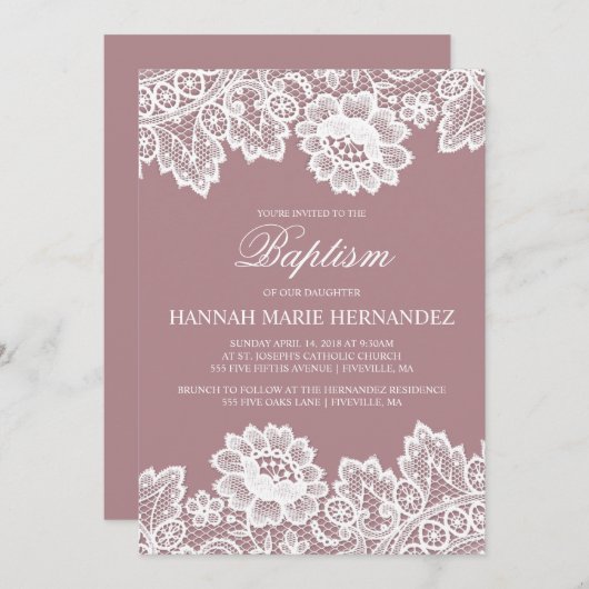 Witte kant aangepaste kleur doop uitnodiging (Voorkant / Achterkant)