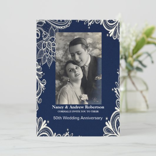 witte kant blauwe maritieme 50ste huwelijksverjaar kaart (Staand voorkant)