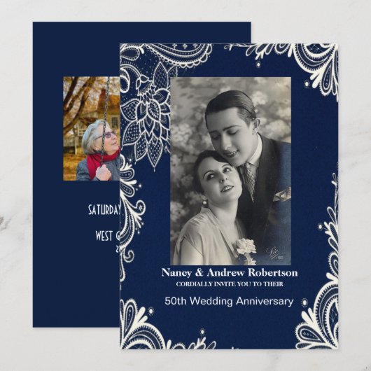 witte kant blauwe maritieme 50ste huwelijksverjaar kaart (Voorkant / Achterkant)