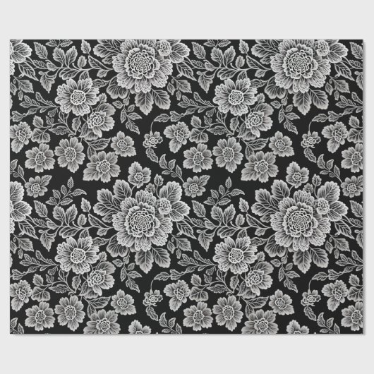 Witte kant bloemen op zwart cadeaupapier (Vlak)