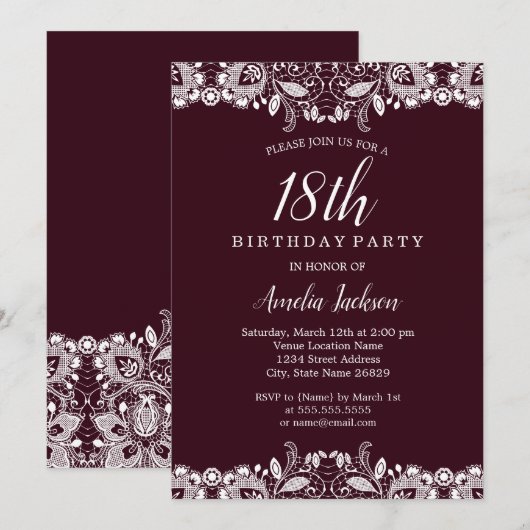  witte kant Bourgondië 18e verjaardagsfeest Kaart (Voorkant / Achterkant)