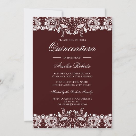 witte kant Bourgondische Quinceanera Invitation Kaart (Voorkant)