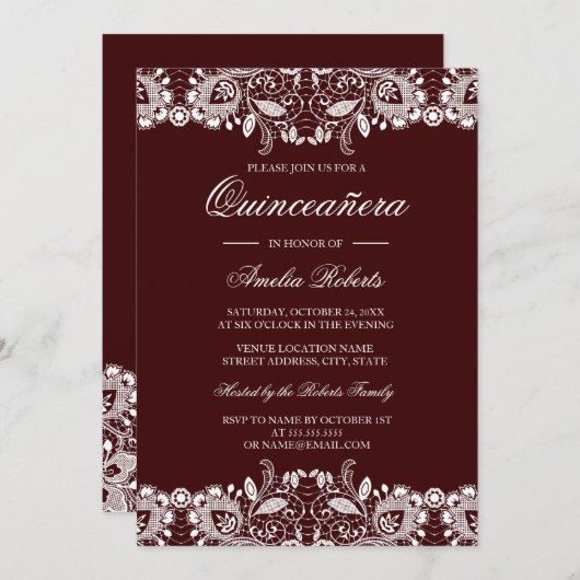  witte kant Bourgondische Quinceanera Invitation Kaart (Voorkant / Achterkant)