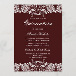  witte kant Bourgondische Quinceanera Invitation Kaart