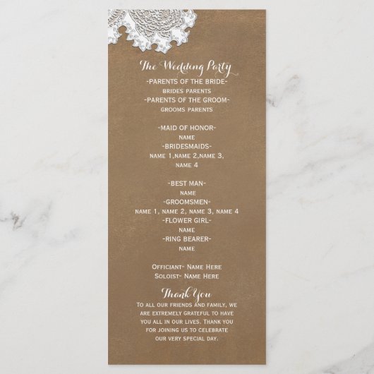 Witte Kant & Bruin Rustiek Huwelijksprogrammarek Programmakaart (Achterkant)