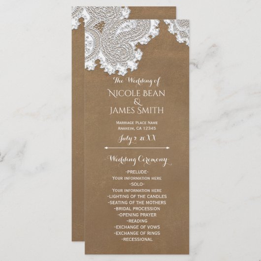 Witte Kant & Bruin Rustiek Huwelijksprogrammarek Programmakaart (Voorkant / Achterkant)