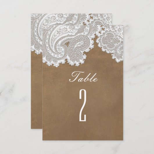 Witte Kant & Bruin Rustiek Trouwtafel Nummer Kaart (Voorkant / Achterkant)