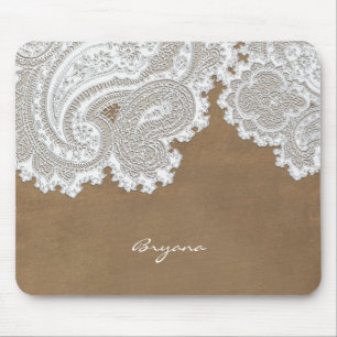Witte kant & bruine rustieke chique elegante lande muismat