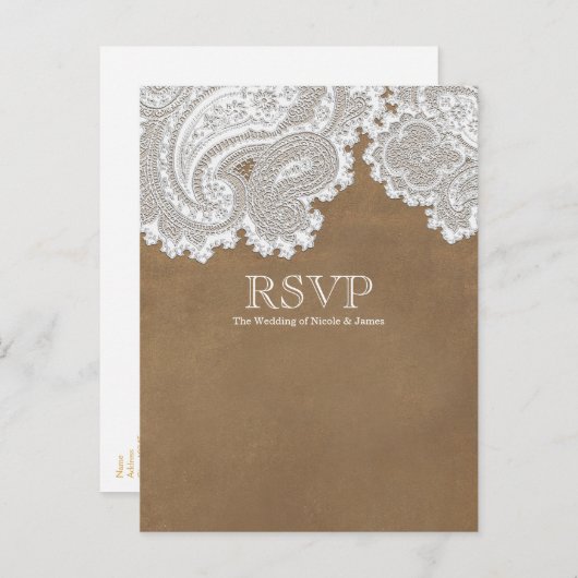 Witte Kant & Bruine Rustieke Elegante Trouw-RSVP Uitnodiging Briefkaart (Voorkant / Achterkant)