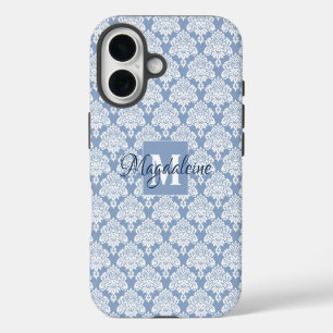 Witte kant damast op stoffig blauwe monogram en na iPhone 16 hoesje