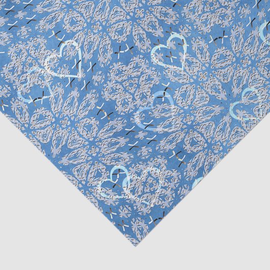 Witte kant en blauwe harten tissuepapier (Detail)