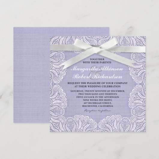 Witte kant en blauwe jute bruiloft uitnodigingen (Voorkant / Achterkant)