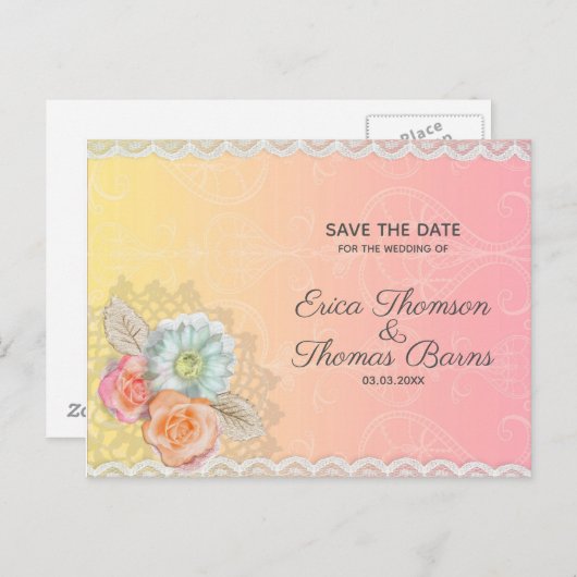 Witte kant en bloemen aankondigingskaart (Voorkant / Achterkant)